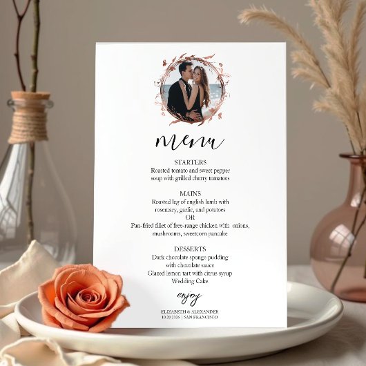 Monogram Floral Rose Gold Foil Foto Wedelmenü Einladung