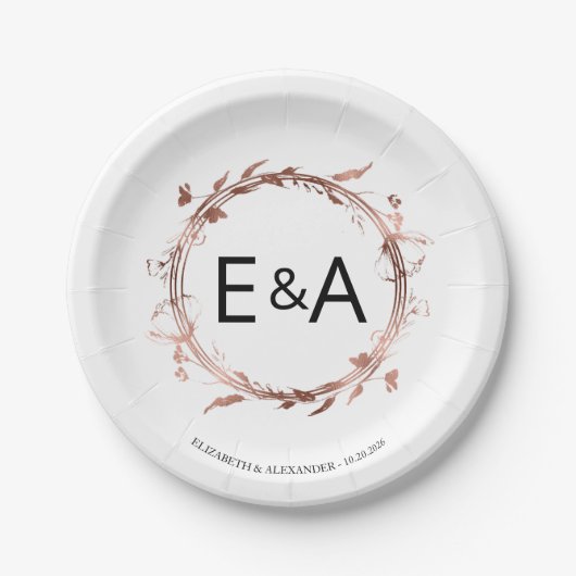 Monogram Floral Rose Gold Foil Wedding Pappteller (Vorderseite)