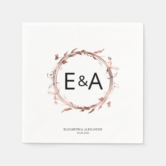 Monogram Floral Rose Gold Foil Wedding Serviette (Vorderseite)