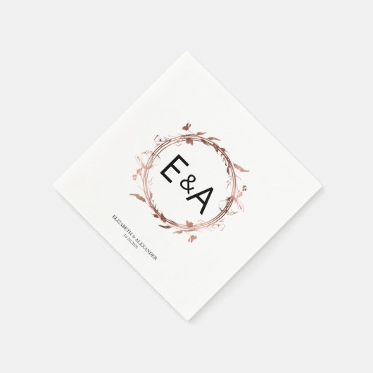 Monogram Floral Rose Gold Foil Wedding Serviette (Ecke)