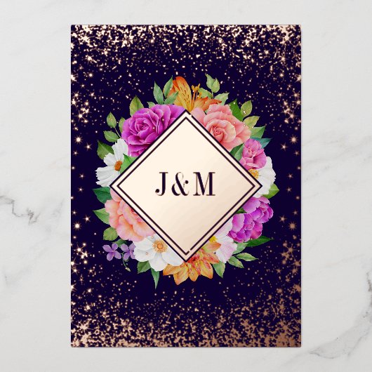 Monogram Floral Rose Gold Wedding Foil Einladung (Vorderseite)