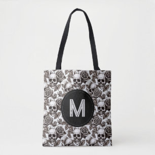 Monogram Floral Skull Schwarz-weiß Halloween Tasche