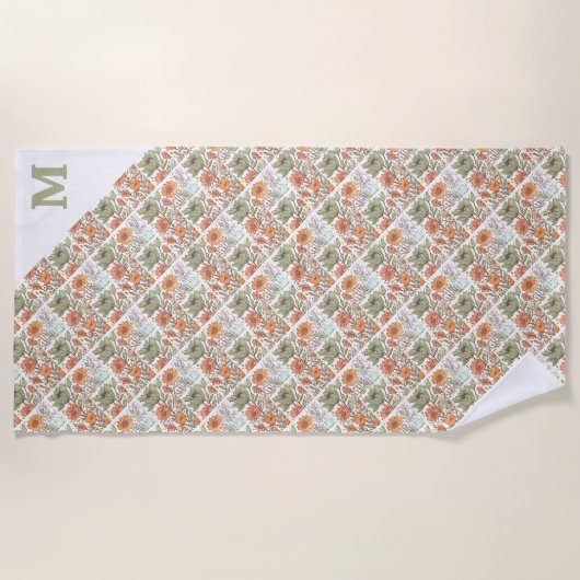 Monogram Floral Tile Pattern Boho Hippie Stilvoll Strandtuch (Vorderseite)