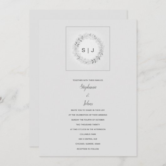 Monogram Floral Wappen Schwarz-weiß Gray Wedding Einladung (Vorne/Hinten)