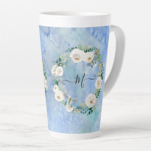 Monogram Floral Watercolor Wash Blue White Script Milchtasse