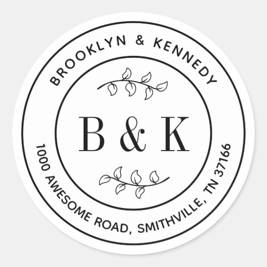 Monogram Floral Wedding Couple Name Rücksendeadres Runder Aufkleber (Vorderseite)
