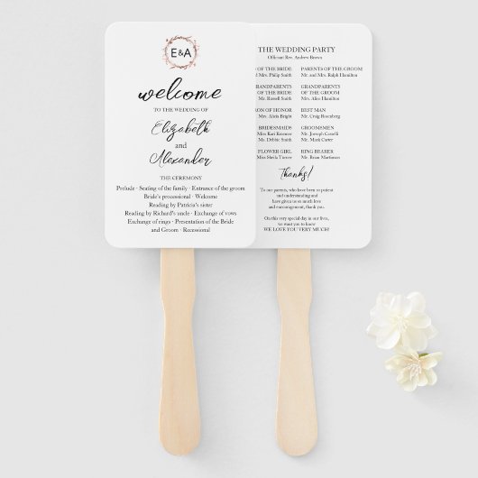 Monogram Floral Wedding Program Hand Fan Fächer (Vorne und Hinten)