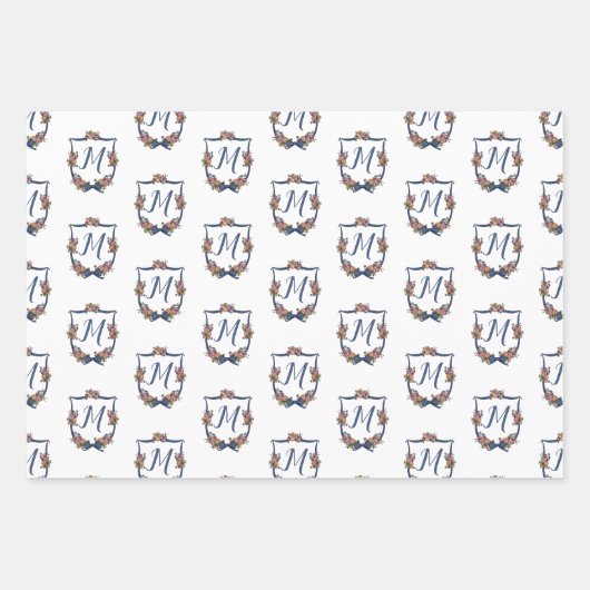 Monogram Floral Wedding Wappen Personalisiert Geschenkpapier Set (Vorderseite 3)