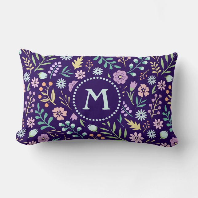 Monogram Floral Whimsical Boho Lumbar Pillow Lendenkissen (Vorderseite)