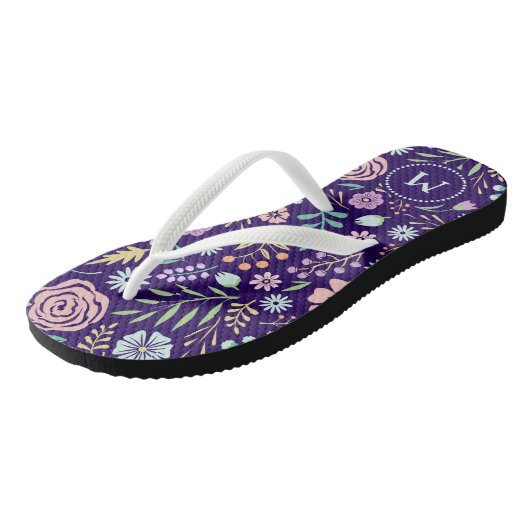 Monogram Floral Whimsical Boho Muster Flip Flops Badesandalen (Schrägansicht)