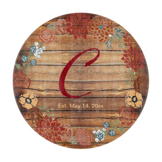 Monogram Floral Wreath on Barn Wood Schneidebrett (Vorderseite)