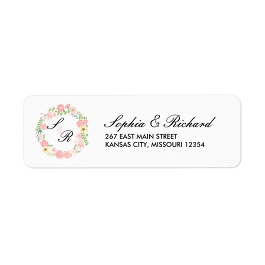 Monogram Floral Wreath Wedding Address Label (Vorne)