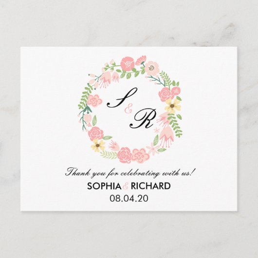 Monogram Floral Wreath Wedding Danke Postcard Postkarte (Vorderseite)