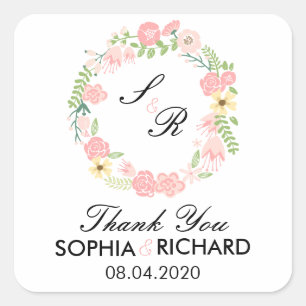 Monogram Floral Wreath Wedding Dankeschön Sticker