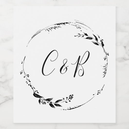Monogram Floral Wreath White Script Hochzeit Weinetikett (Einzelnes Label)