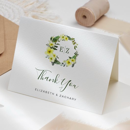 Monogram Floral Yellow Green Wedding Danke Karte