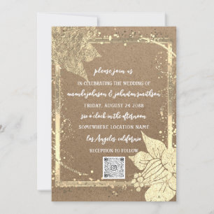 Monogram Florals Foto Gold Frame QR Code Kraft Einladung