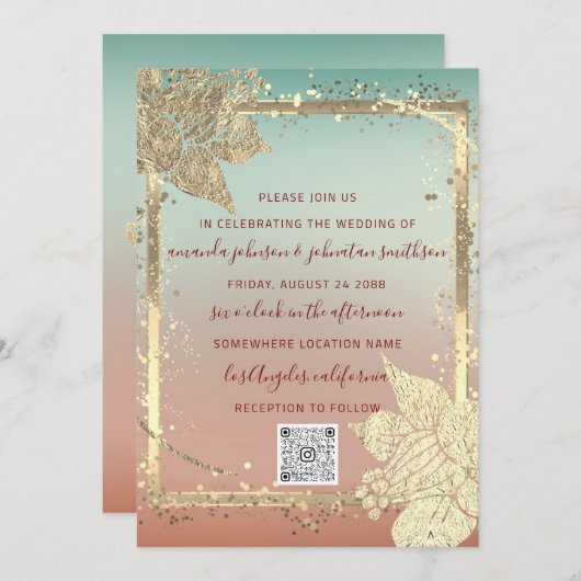 Monogram Florals Imitate Gold Frame QR Code Ombre Einladung (Vorne/Hinten)