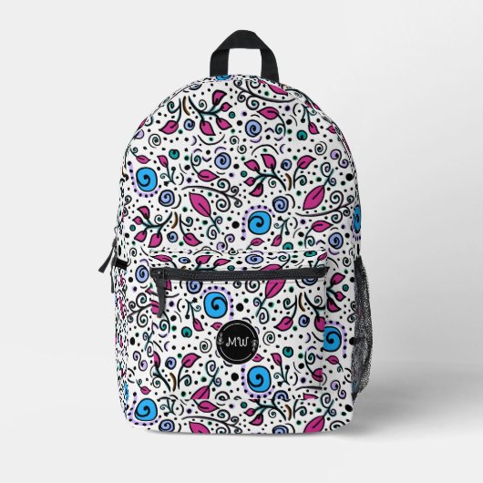 Monogram Flower Pattern blue Swirl Berry White - Bedruckter Rucksack (Vorderseite)