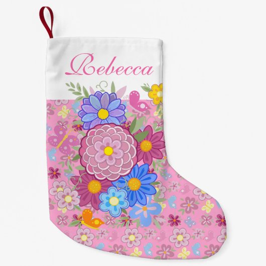 Monogram Flowers and butterfly floral design pink Kleiner Weihnachtsstrumpf (Vorderseite)