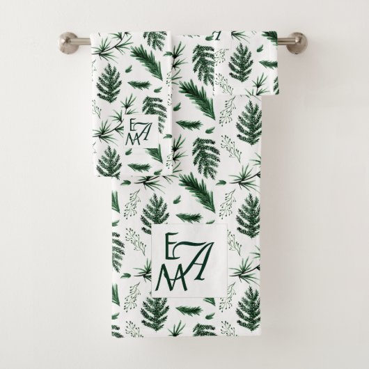 Monogram Forest Green Blätter Hochzeit Badhandtuch Set (Insitu)