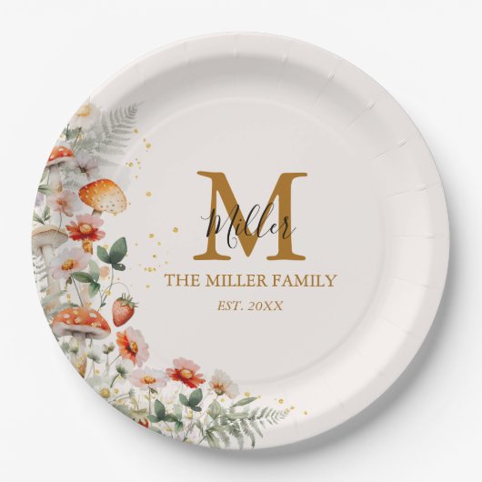 Monogram Forest Mushrooms Blume Floral botanisch Pappteller (Vorderseite)