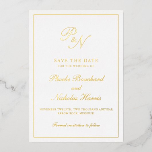Monogram Formal Elegant Wedding Save the Date Folieneinladung (Vorderseite)