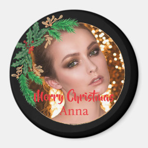 Monogram Foto Christmas Black Gold Elegant Magnet