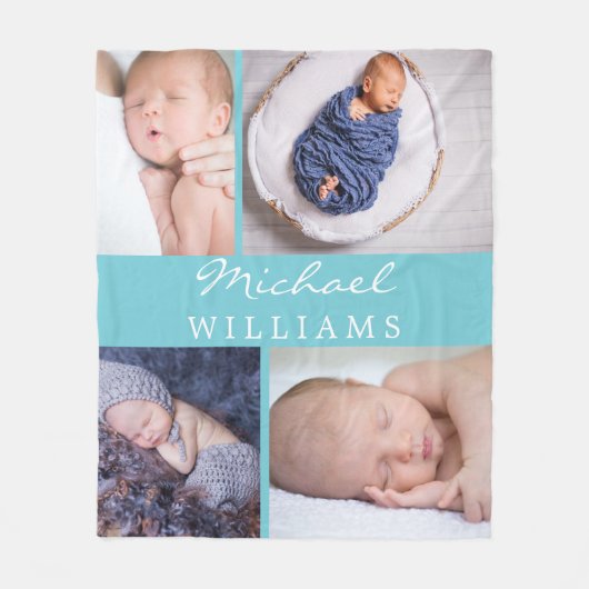 Monogram Foto Collage Aqua Blue Newborn Baby Fleecedecke (Vorderseite)