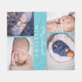 Monogram Foto Collage Aqua Blue Newborn Baby Fleecedecke (Vorderseite (Horizontal))