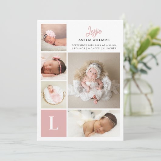 Monogram Foto Collage Baby Girl Birth Ankündigung (Stehend Vorderseite)