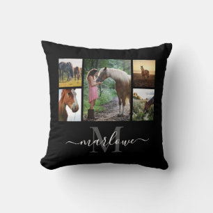 Monogram Foto Collage Black Horse Girl Name Kissen