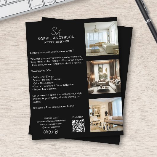Monogram Foto QR Black Beruflich Business Flyer
