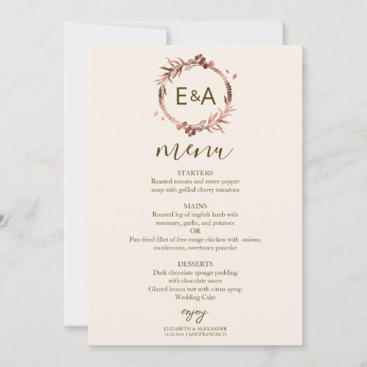 Monogram Foto Wedding Menu Card Einladung (Vorderseite)