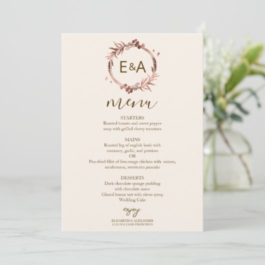 Monogram Foto Wedding Menu Card Einladung (Stehend Vorderseite)