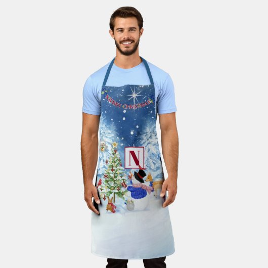 Monogram Frohe Weihnachten Snowman Star Snowy Nigh Schürze (Getragen)