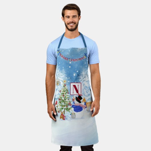Monogram Frohe Weihnachtsschneemann Kardinal Hirsc Schürze (Getragen)