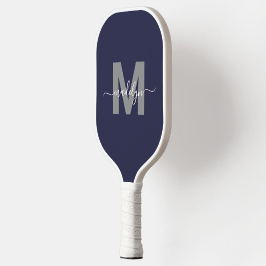 Monogram für benutzerdefinierte Navy Blue Script-N Pickleball Schläger (Links)