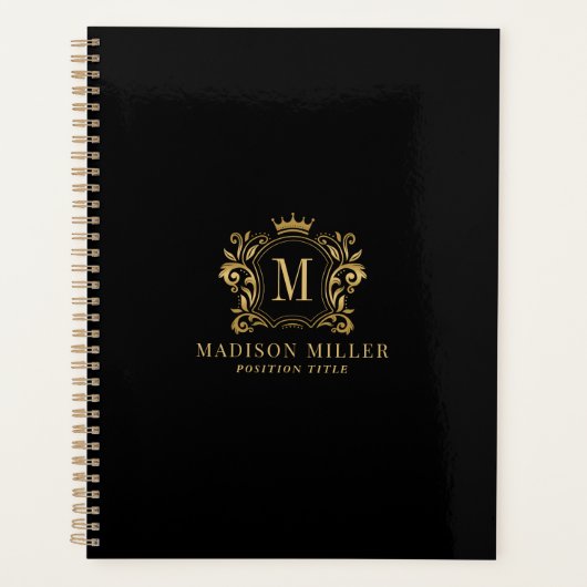 Monogram für Black Gold Royal Wappen Crown Scrolls Planer (Vorderseite)