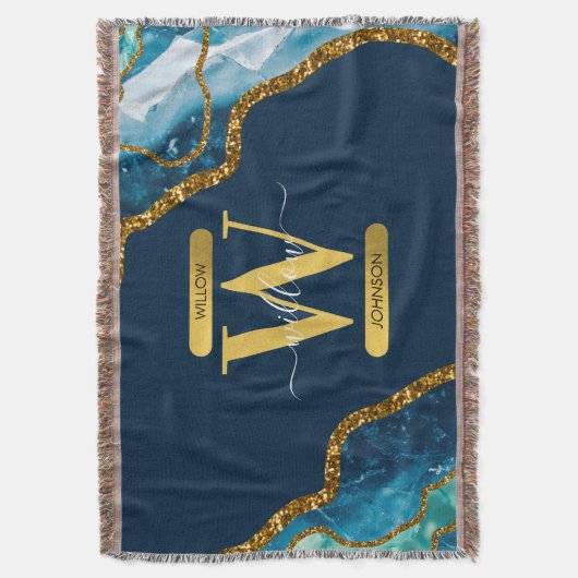 Monogram für Blue & Gold Agate Geode Glitzer Decke (Vorderseite Vertikal)