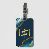 Monogram für Blue & Gold Agate Geode Glitzer Gepäckanhänger (Vorderseite Vertikal)
