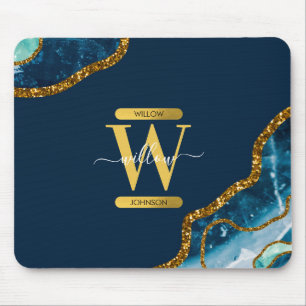 Monogram für Blue & Gold Agate Geode Glitzer Mousepad