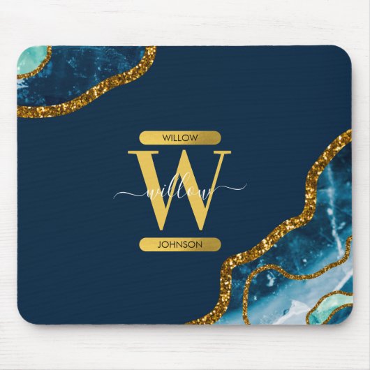 Monogram für Blue & Gold Agate Geode Glitzer Mousepad (Vorne)