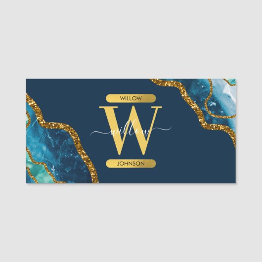 Monogram für Blue & Gold Agate Geode Glitzer Namensschild (Vorderseite)