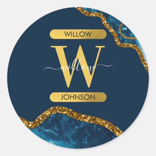 Monogram für Blue & Gold Agate Geode Glitzer Runder Aufkleber (Vorderseite)