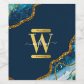 Monogram für Blue & Gold Agate Geode Glitzer Weinetikett (Einzelnes Label)