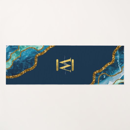 Monogram für Blue & Gold Agate Geode Glitzer Yogamatte (Vorderseite (Horizontal))