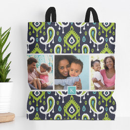 Monogram für das Navy-Green-Ikat-Paisley-Foto Tasche