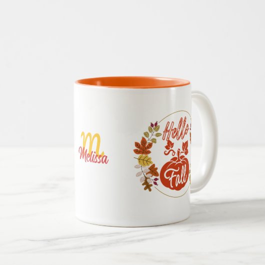 Monogram für den Autumn Leaves Wreath Pumpkin Name Zweifarbige Tasse (VorderseiteRechts)
