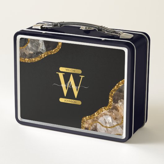 Monogram für den Black & Gold Agate Geode Glitzer Metall Brotdose (Rückseite)